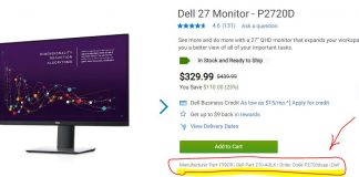 What does the Dell, Manufacturer Part, Dell Part, Order Code mean?
