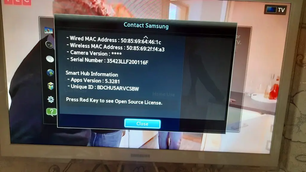 Samsung TV menu serial number 